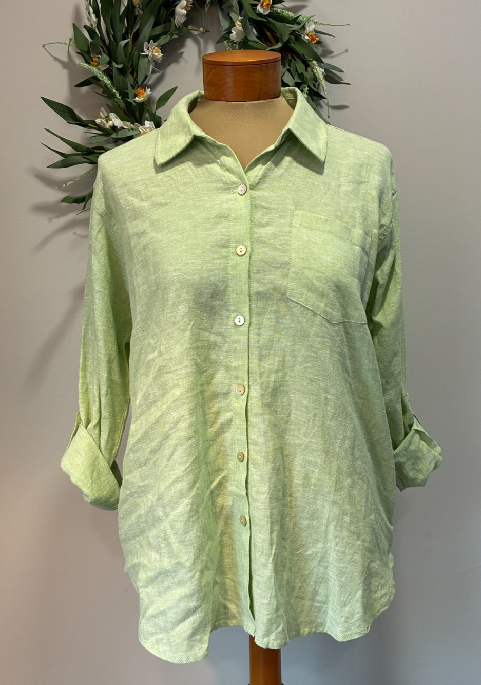 Susan Graver Pure Linen Blend Tunic Shirt Light Green, Size SP
